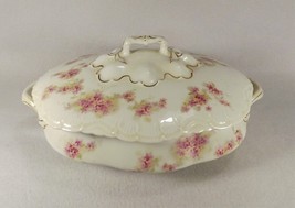 Antique P &amp; H  Austrian Porcelain Covered Vegetable Dish Pink Flowers Be... - £14.30 GBP