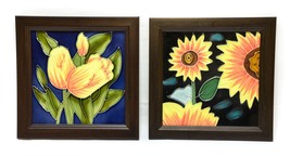 Set of 2 Ceramic Tile Framed Wall Hanging Sun Flower and Tulip Colorful Vintage - £14.97 GBP