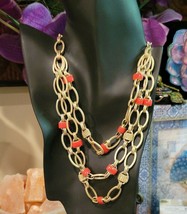 Coldwater Creek Coral Color Enamel Rhinestone link chain Multi Strand Necklace - £15.42 GBP