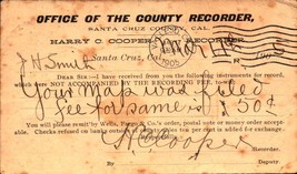 Antique POSTCARD-1905 Santa Cruz County Recorder&#39;s Bill For Filing A Map BK59 - £2.91 GBP