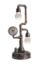 Steampunk Pipework Clock Stand Cordless LED Skull Bulb Copper Accent Desk Light - £114.32 GBP