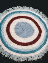 Handmade Crotchet Round Accent Throw Rug With Fringe Boho Blue Brown Stripes - £20.08 GBP
