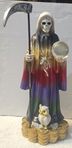 Grim Reaper Santa Muerte Money Owl Globe Ball Scythe Fantasy Figurine Statue - £30.95 GBP