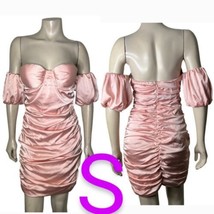 Pink Satiny Silky Bustier Ruched Off Shoulder Strapless Mini Dress~Size S - $52.13