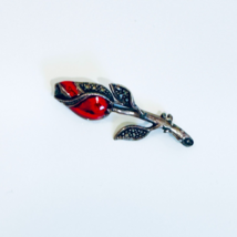 Vintage Sterling Silver Red Rose Bud Pin Brooch c1973 Enameled &amp; Marcasites - £10.62 GBP