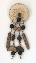 Medallion Wood Bead Dangle Drop Carved Pin Brooch Possibly Handmade - $14.00