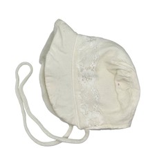 Vintage Baby Bonnet White Knit &amp; Lace Design With Ties 12 months - $11.52