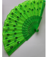 Gold &amp; Green Large Lace Floral Folding Hand Held Plastic Chinese Fan - £3.69 GBP