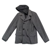 Carbon Gray Wool Blend Pea Coat Men&#39;s M Heavyweight Full Zip &amp;Button Hoo... - $55.84 CAD