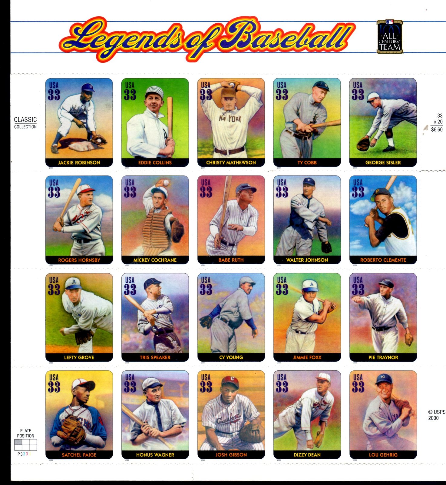 Primary image for U S Stamps - LEGENDS OF BASEBALL STAMP SHEET -- USA #3408, 20 : 33 CENT Stamps