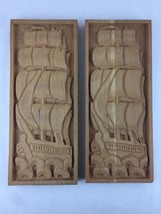 Set of 2 Wood Hand Carved Ship Wall Decor 17&quot; x 7&quot; x 1.5&quot; Nautical Theme - £56.40 GBP