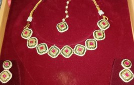 Whispers of Elegance: Kundan Necklace Set with Earrings and Mangtika - £48.58 GBP