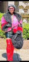New Designer Muliticolor black, pink and Red Mongolian lamb fur Coat L a... - £774.01 GBP