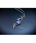 Flower leaves silver pendant with Lapis lazuli, Art nouveau style - $125.00