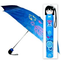 KOKESHI DOLL UMBRELLA Blue Folding w Hard Case Geisha Girl Japanese Lady... - $12.95