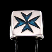 Sterling silver ring Maltese Cross in Blue enamel Malta Crusaders Knights Hospi - £79.93 GBP