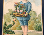 Person In Blue Holding Flowers Victorian Trade Card VTC 8 - £6.25 GBP