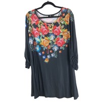 Lily by Firmiana Shift Dress 3/4 Ruched Sleeve Floral Black Colorful 2XL - $12.59