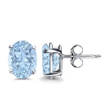 2.50 ct. Oval Aquamarine Basket Set Stud Earrings - 14k White Gold plated Silver - £43.54 GBP