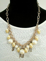 Vintage Necklace Chunky Gold Tone &amp; Faux Pearl Chain Link Statement Piece  - £9.80 GBP