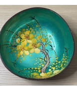 Coconut Emerald Shell Hand Painted Yellow Floral Tree Lacquered Coconut ... - $19.79