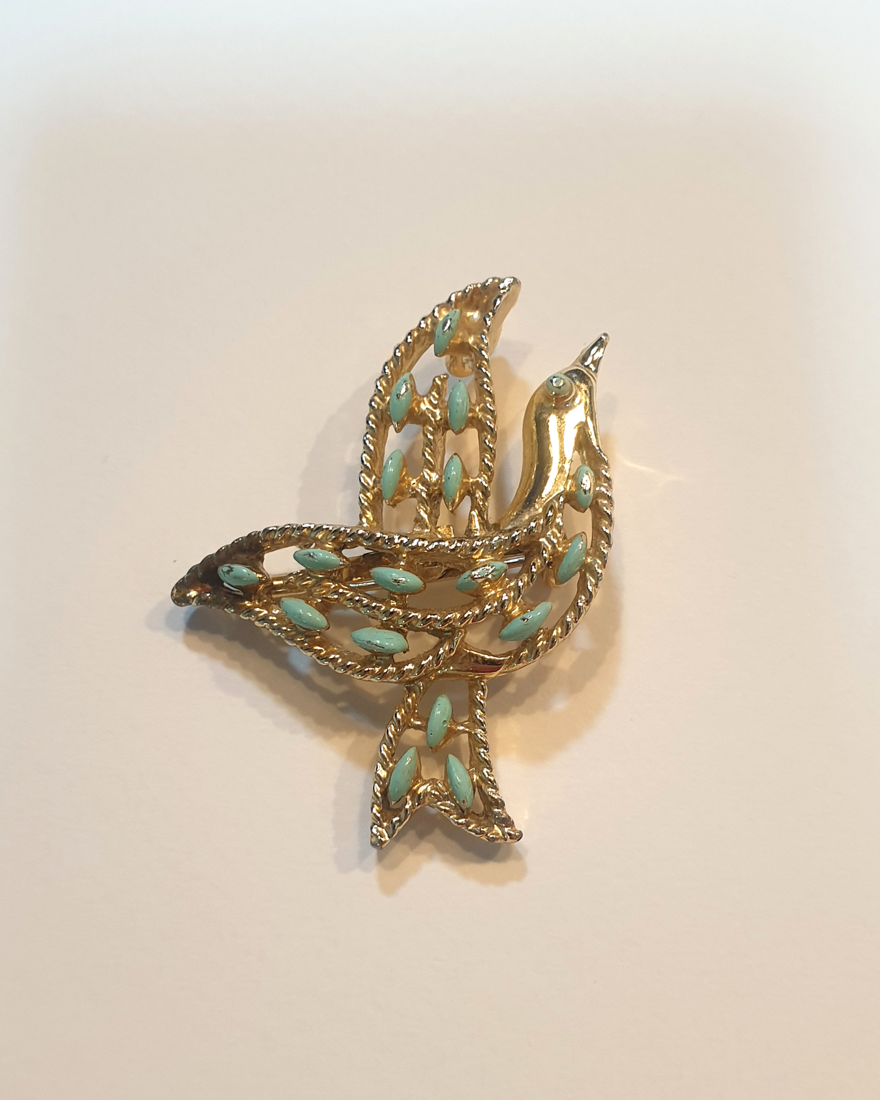Vintage Gerry&#39;s Dove Bird Metal Enamel Brooch Pendant Gold Tone Blue Enamel - $28.50