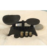 Vintage Miniature Cast Iron Balance Scale With 3 Weights 6" - $22.44