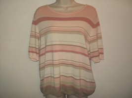 Jaeger Size Large Women&#39;s Sweater Short Sleeves Striped Peach, Tan Cotton - £24.23 GBP