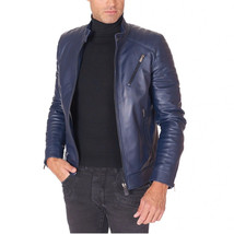 Chaqueta para hombre azul marino hecha a mano de cuero genuino piel de c... - $2,167.85 MXN+