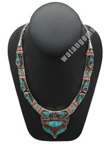 Ethnic Tribal Lapis,Red Coral &amp; Green Turquoise Inlay Statement Necklace, NPL146 - £33.77 GBP