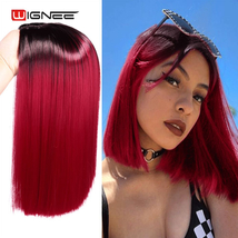 2 Tone Ombre Red Synthetic Wig for Women Middle Part Short Straight Hair... - £50.28 GBP