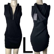 Black Terry Cloth Front Mini Zipper Hoodie Mini Dress~Size L - $33.43