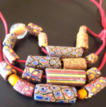 20 Vintage Millefiori Venetian African Trade Beads Necklace Yellow Red Blue - $89.09