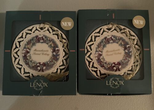 Primary image for 2 Lenox Wreath Ornament 1998 Massachusetts Second Colony Vtg Original Box