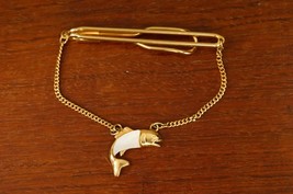 Vintage Mens Jewelry Cuff Links SWANK Gold Tone Metal MOP Bass Fish Tie Bar - $24.74