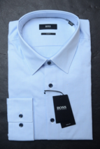 HUGO BOSS Uomo Jano Slim Fit Blu a Righe Cotone Camicia 37 14.5 - £50.38 GBP