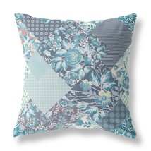 18&quot; Aqua Navy Boho Floral Indoor Outdoor Throw Pillow - £49.24 GBP
