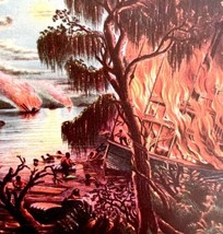 Mississippi In Time Of War 1942 Lithograph Art Print River Boat Fire DWV5A - £27.57 GBP