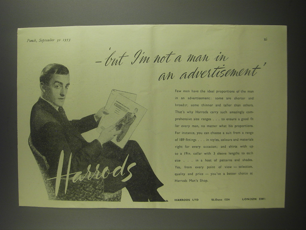 1953 Harrods Store Ad - But I'm not a man in an advertisement - $18.49