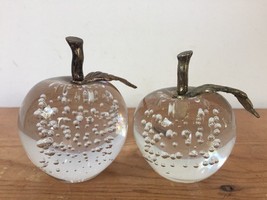 Pair Vintage Clear Glass Crystal Bubbles Brass Stem Apples Paperweights ... - $39.99