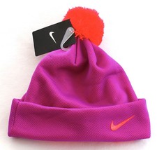 Nike Magenta &amp; Crimson Red Cuff Pom Beanie Youth Girl&#39;s 7-16 NWT - £20.71 GBP