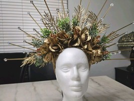 Golden Flowers Halo Crown, Floral Headpiece, Handmade, NEW - £112.07 GBP