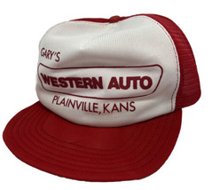 Vintage Garys Western Auto Hat Cap Snap Back Red Mesh Trucker Plainville KS Mens - £14.11 GBP