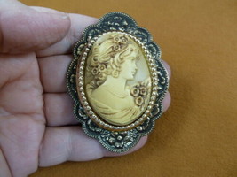 CL12-62) LOVELY WOMAN with flowers antiqued ivory oval CAMEO Pin Pendant Jewelry - £29.88 GBP