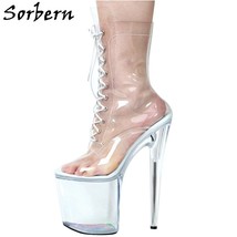 Clear Transparent Women Boots 20Cm Stripper Heels Pole Dance Booties Lace Up See - £171.71 GBP