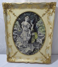 Vtg Antique French Tapestry Embroidery Framed Wall Art Crossing Stream Gold Gilt - £140.59 GBP