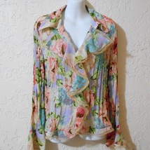 Sunny Taylor Women Crinkle Floral Blouse Long Sleeve Shirt Lace Trim Size L - £15.62 GBP