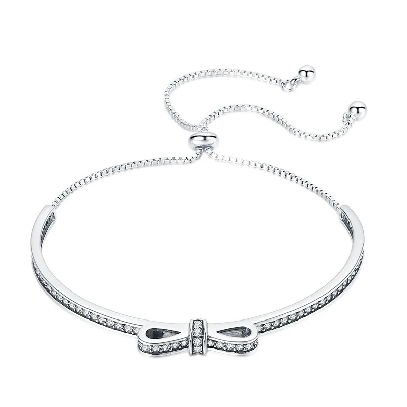 New Arrival 925 Sterling Silver Sparkling Bowknot Chain Adjustable Bracelet Bang - $39.38