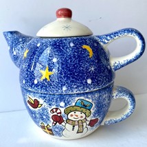 Vintage Snowman Tea for One 3 Piece Set Studio Nova Teapot Lid 12oz Cup Used  - £19.92 GBP