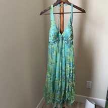 Sue Wong Silk Midi Dress 10 Floral Beaded Embellished Sleeveless Green H... - $128.69